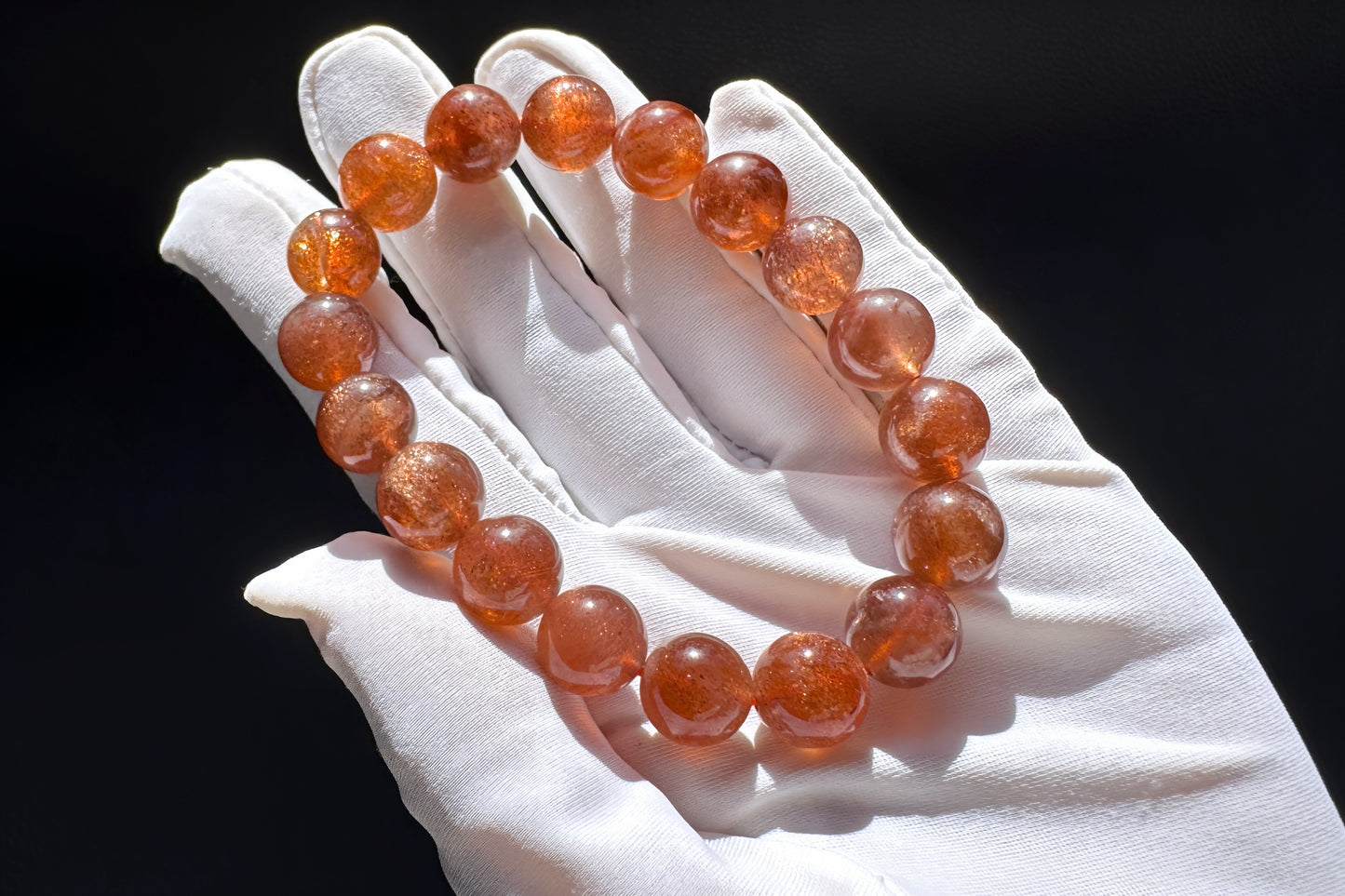 11mm Natural Sunstone Bracelet, Dark Orange Color Sunstone Beads, Shimmering Sunstone, 天然无优化美国俄勒冈州老矿焦糖色金太阳石水晶手串