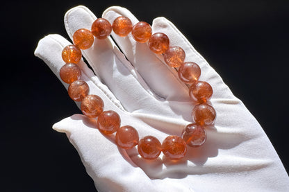 11mm Natural Sunstone Bracelet, Dark Orange Color Sunstone Beads, Shimmering Sunstone, 天然无优化美国俄勒冈州老矿焦糖色金太阳石水晶手串