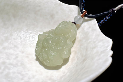 Certified Natural Icy Hetian Nephrite Mahakala Pendant, Carved Sunny Lake Green Nephrite Jade Pendant, 天然冰底晴水料和田玉大黑天吊坠