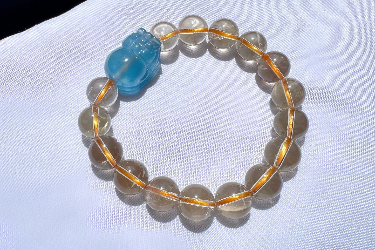 Certified Natrual Aquamarine and Lemon Citrine Bracelet, Lemon Quartz Bracelet, Aquamarine Pi-Xiu, Wealth Bracelet, 天然海蓝宝貔貅搭配柠檬黄水晶手串