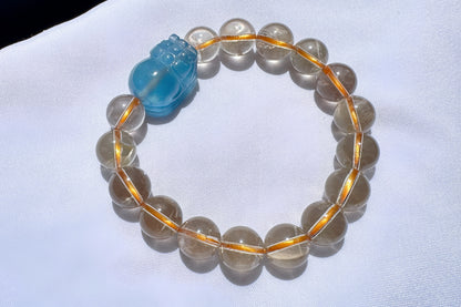 Certified Natrual Aquamarine and Lemon Citrine Bracelet, Lemon Quartz Bracelet, Aquamarine Pi-Xiu, Wealth Bracelet, 天然海蓝宝貔貅搭配柠檬黄水晶手串