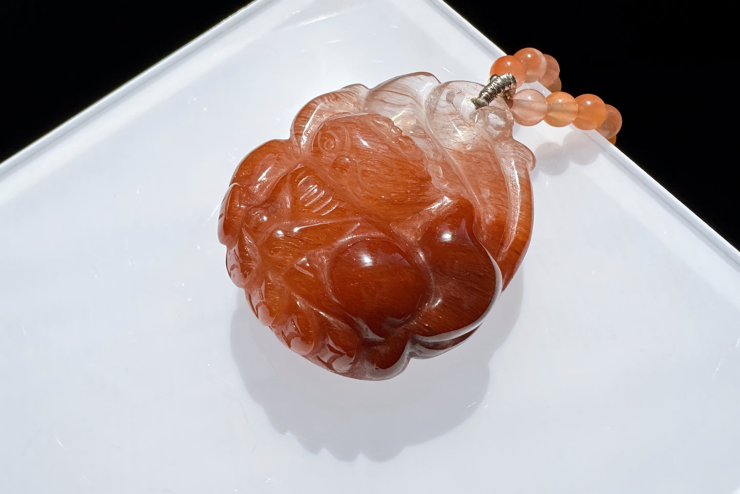 Top Grade Natural Red Rutilated Quartz Hand Carved Nine Tailed Fox Pendant, Carved Red Rutile Quartz, 天然原色正红发晶手工精雕九尾萌狐吊坠