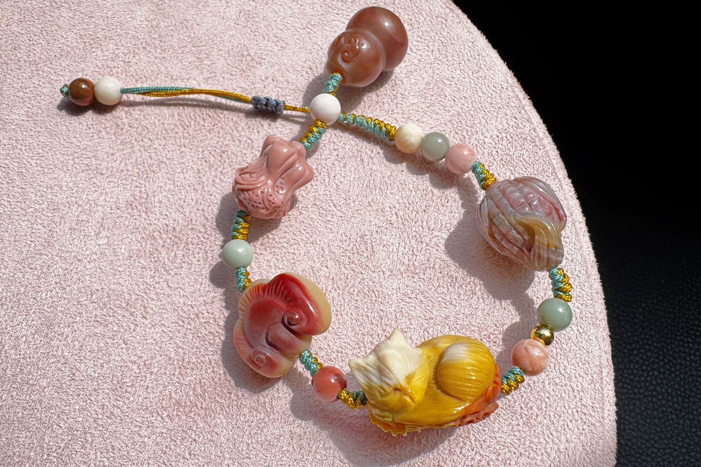 Natural Alashan Bracelet with Carved Alxa Onyx Charms, Hand Carved Top Grade Alashan Rocks, Handmade Alashan Bracelet, 天然全玉化阿拉善手工精雕配饰编绳手链