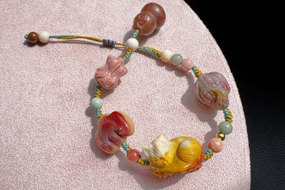 Natural Alashan Bracelet with Carved Alxa Onyx Charms, Hand Carved Top Grade Alashan Rocks, Handmade Alashan Bracelet, 天然全玉化阿拉善手工精雕配饰编绳手链