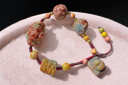 Natural Multi-color Old Mine Alashan Agate Hand Carved Charms Braided Bracelet, Alasha Bracelet, Carved Agate, 天然原矿老料阿拉善手工精雕狐狸手编手链