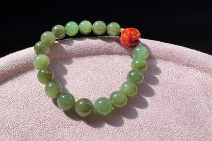 Natural Green Hetian Nephrite Bracelet with Top Grade Nanhong Agate Hand Carved Flower, Nephrite Jade Beads South Red Agate Flower, 天然和田玉手串配南红花花