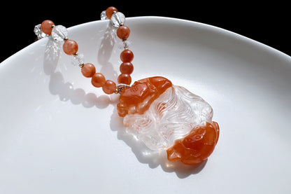 Hand Carved Natural Red Rabbit Hair Quartz Nine Tailed Fox Pendant, High Grade Red Rabbit Hair Necklace, Unique Crystal Fox, 手工精雕精品红兔毛九尾狐吊坠