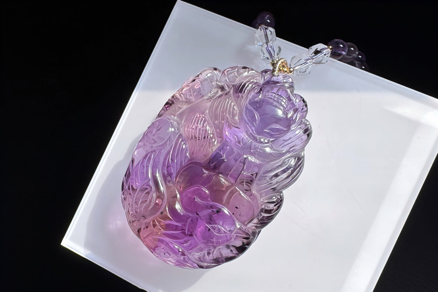 Large Naturual Amethyst Pendant Hand Carved Nine Tailed Fox and Phoenix, Brazilian Amethyst Fox and Phoenix Necklace, 天然巴西紫水晶手工雕刻九尾凤凰吊坠