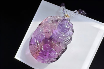 Large Naturual Amethyst Pendant Hand Carved Nine Tailed Fox and Phoenix, Brazilian Amethyst Fox and Phoenix Necklace, 天然巴西紫水晶手工雕刻九尾凤凰吊坠