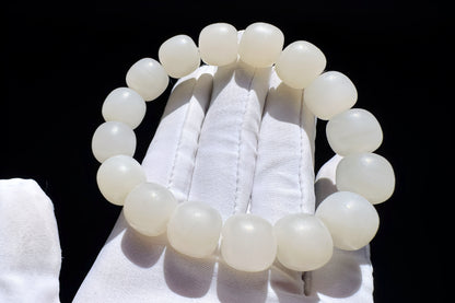 13mm Natural White Hetian Nephrite Bracelet, White Nephrite Jade Beads, Matte Nephrite Bracelet, 天然和田玉青海料一级白老型珠手串