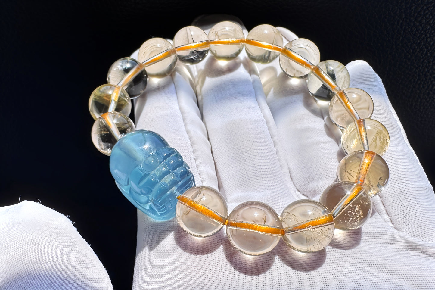 Certified Natrual Aquamarine and Lemon Citrine Bracelet, Lemon Quartz Bracelet, Aquamarine Pi-Xiu, Wealth Bracelet, 天然海蓝宝貔貅搭配柠檬黄水晶手串