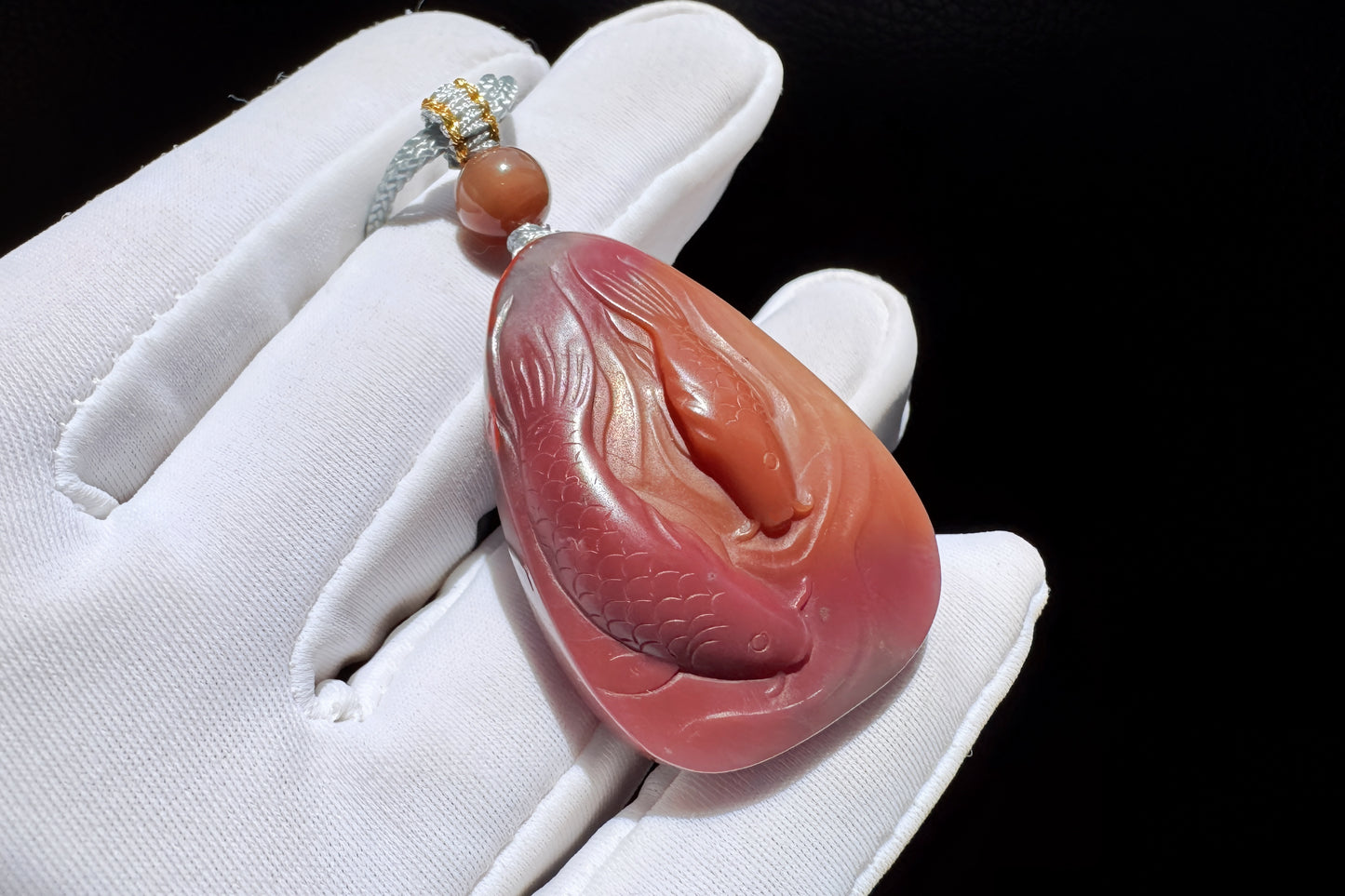 Natural Yanyuan Agate Hand Carved Twin Fish and Lotus Pendant, High Grade Yanyuan Fish and Lotus Necklace, 天然满色满肉盐源玛瑙精雕双鱼荷莲吊坠