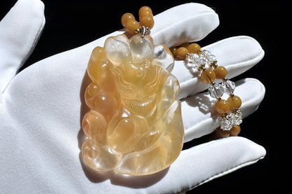 Top Grade Natural Yellow Rabbit Hair Quartz Hand Carved Nine Tailed Fox Pendant Necklace, 天然精品黄兔毛水晶手工精雕九尾狐吊坠