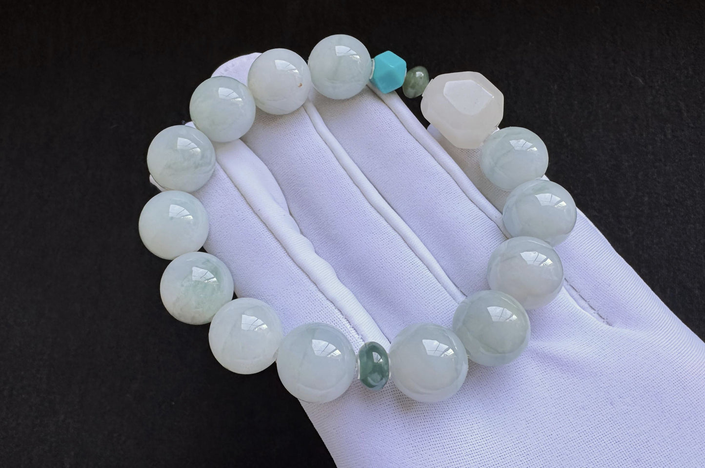 12mm Natural Grade A Jadeite Jade Bracelet with Mutton Fat Nephrite Jade, Blue Turquoise, Blue Jadeite Jade, 天然缅甸A货蓝底绿花翡翠细糯种手串羊脂白玉绿松