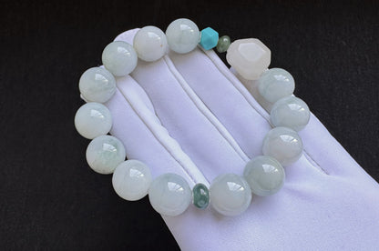 12mm Natural Grade A Jadeite Jade Bracelet with Mutton Fat Nephrite Jade, Blue Turquoise, Blue Jadeite Jade, 天然缅甸A货蓝底绿花翡翠细糯种手串羊脂白玉绿松