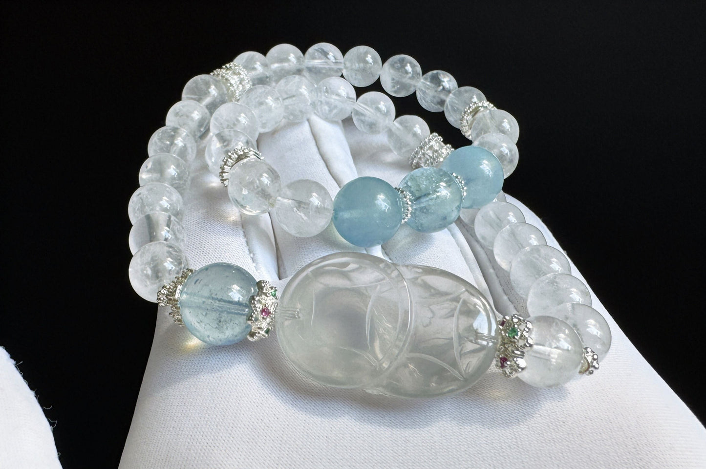 Rare Natural Blue Rabbit Hair Rutile Quartz Carved Nine Tailed Fox with Aquamarine and White Phantom Bracelet, 天然蓝兔毛九尾趴趴狐海蓝宝白幽灵手串