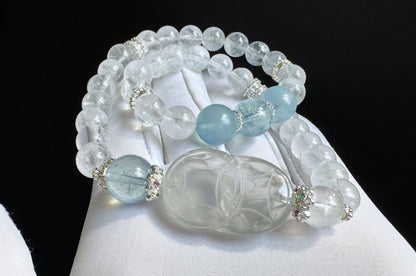 Rare Natural Blue Rabbit Hair Rutile Quartz Carved Nine Tailed Fox with Aquamarine and White Phantom Bracelet, 天然蓝兔毛九尾趴趴狐海蓝宝白幽灵手串