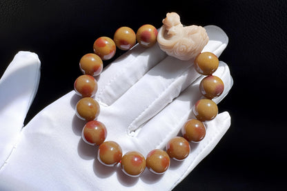 Natural Alashan Rock Beaded Bracelet with Hand Carved Alashan Nine Tailed Fox and Rabbit Charm, 天然老矿料阿拉善圆珠搭配手工精雕原矿阿拉善九尾狐