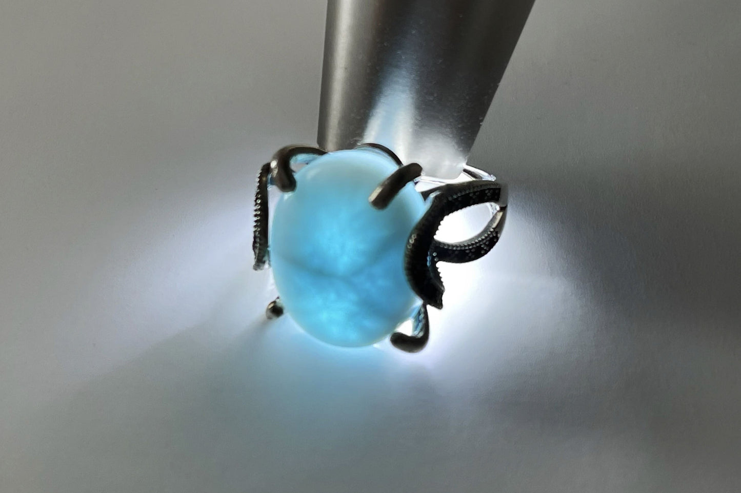 Natural Dominican Blue Larimar In 925 Silver Ring, 天然多米尼加海纹石镶嵌925银戒指