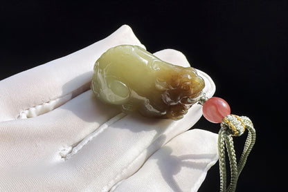 Certified Natural Brown Sugar Nephrite Hand Carved Pixiu Pendant, Nephrite Jade Pixiu, Good Luck Jade Necklace, 天然糖青玉手工雕刻貔貅吊坠