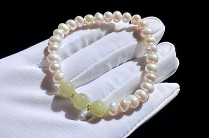 Natural Green Nephrite Jade with Freshwater Pearl Beaded Bracelet, Pearl Bracelet, 天然淡水珍珠搭配玉圆珠手串