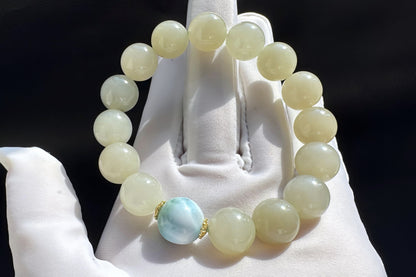 Natural Nephrite Beaded Bracelet with Dominican Larimar Bead, Nephrite Jade Bracelet, 天然软玉手串搭配海纹石