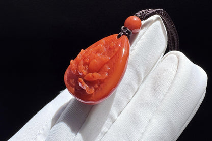 Natural Untreated Nanhong South Red Agate Peony Pendant, Fire Pattern Nanhong, Carved Nanhong Agate Pendant, 天然川料南红玛瑙手工雕刻牡丹花吊坠