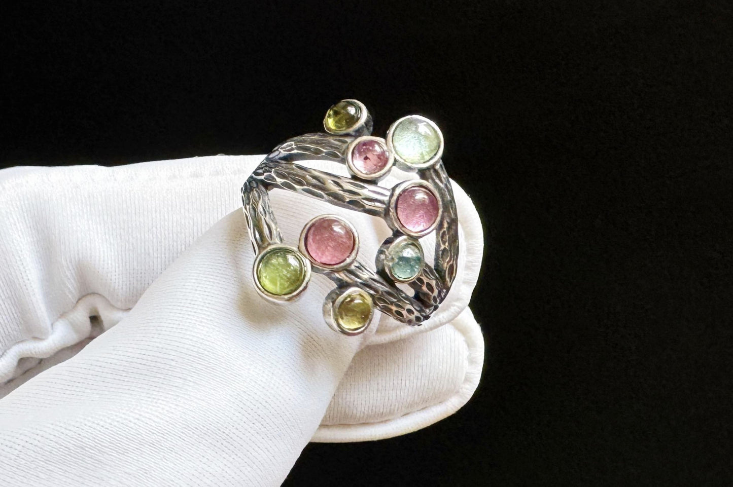 Natural Rainbow Tourmaline in Premium S925 Thick Silver Handmade Ring, Mermaid Tourmaline Ring, 天然巴西老料美人鱼色系碧玺肌理枝条S925厚银戒指