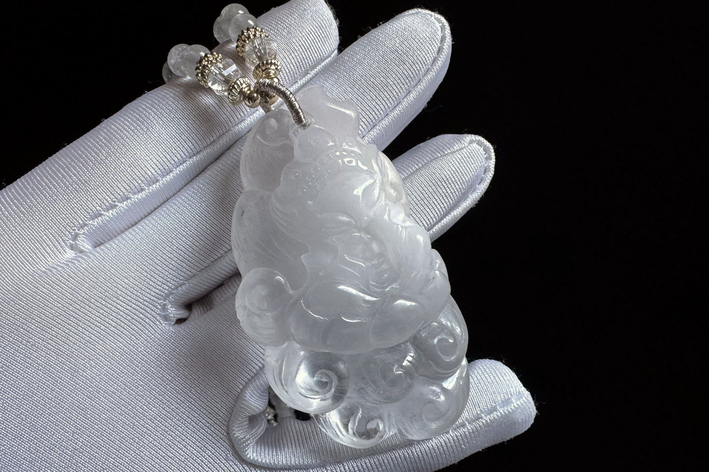 Large Natural White Rabbit Hair Quartz Hand Carved Nine Tailed Fox Pendant, High Grade White Rabbit Hair Necklace, 天然精品白兔毛手工精雕九尾狐吊坠