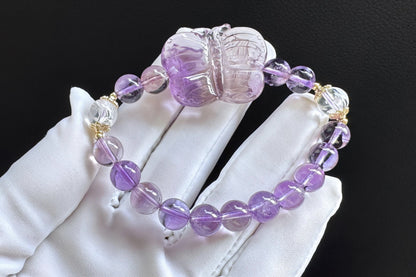 Natural High Grade Brazilian Amethyst Hand Carved Butterfly Nine Tailed Fox and Amethyst Beaded Bracelet, 天然精品巴西紫水晶手工精雕九尾狐蝴蝶搭配紫水晶手串