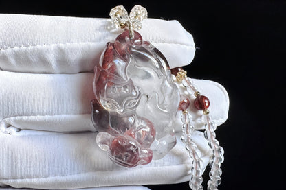 Natural Ox Blood Red Hematoid Quartz Hand Carved Fox Pendant, Ox Blood Red Hematoid Quartz Nine Tailed Fox Pendant, 天然牛血红胶花闪片九尾狐吊坠