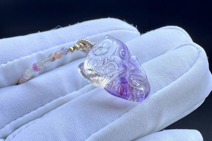 High Grade Natural Super Seven Hand Carved Fox Pendant, Super Seven Crystal Fox Necklace, 天然精品超级七手工雕刻九尾狐吊坠