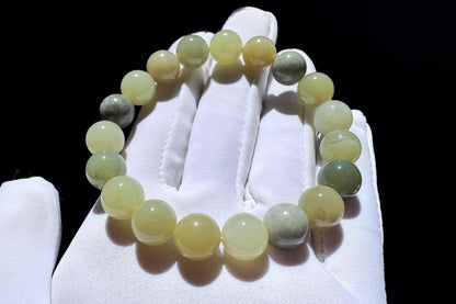 Certified Natural Yellow Nephrite Jade Bracelet with Blue Stone Skin, Unique Nephrite Jade Bracelet, 天然若羌蓝皮黄口料玉手串带证书