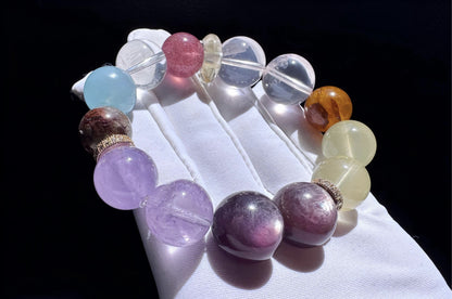 Natural Multi-gemston Bracelet, Rose Quartz Aquamarine Beaded Bracelet, 天然猫眼紫锂辉搭配海蓝宝粉晶葡萄石手串