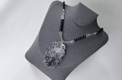 Natural Black Rutile Quartz Hand Carved Nine Tailed Fox Pendant, Black Rutilated Quartz Crystal Fox, 天然精品黑发晶手工雕刻九尾狐吊坠