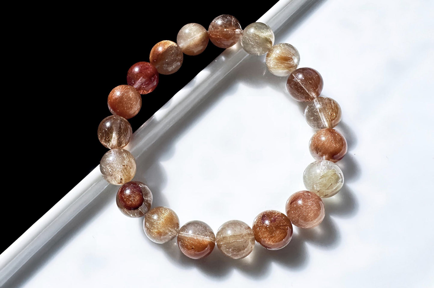 Genuine Multi-color Rutile Quartz Beaded Bracelet, Natural Untreated Cantoyancy Rutilated Quartz Bracelet, 天然巴西原色猫眼维纳斯金发晶顺发彩发晶圆珠手串