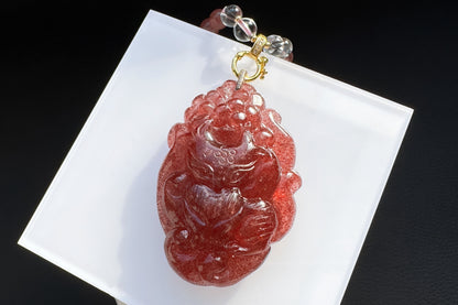 Top Grade Pigeon Blood Strawberry Quartz Hand Carved Nine Tailed Fox Pendant, Carved Strawberry Quartz Crystal, 天然极品鸽血红草莓晶手工雕刻九尾狐吊坠