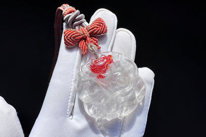 Natural Red Hematoid Quartz Hand Carved Nine Tailed Fox Pendant Necklace, Fire Quartz Pendant, 天然红胶花九尾狐牌