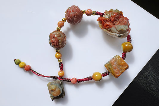 Natural Multi-color Old Mine Alashan Agate Hand Carved Charms Braided Bracelet, Alasha Bracelet, Carved Agate, 天然原矿老料阿拉善手工精雕狐狸手编手链