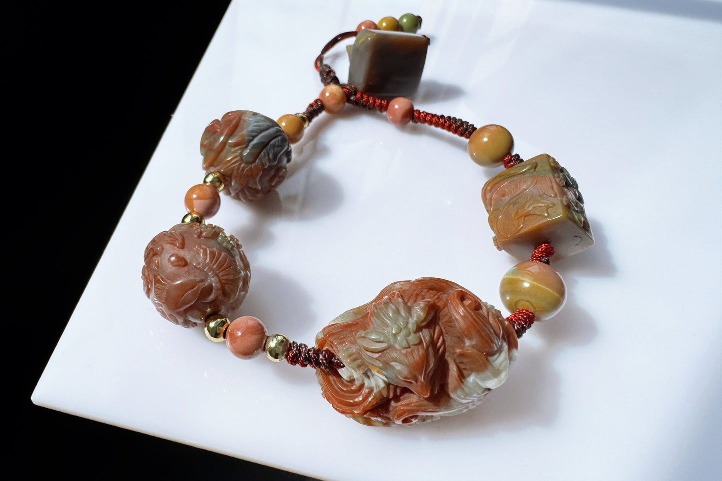 Natural Multi-color Old Mine Alashan Agate Hand Carved Charms Braided Bracelet, Alasha Bracelet, Carved Agate, 天然原矿老料阿拉善手工精雕狐狸手编手链
