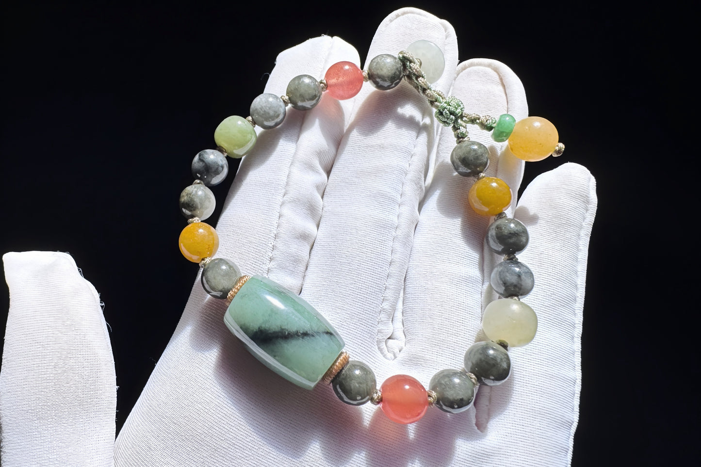 Natural Black and White Jadeite Jade Beads Bracelet, Hand Braided Black Jade Bracelet with Nanhong and Nephrite Beads, 保真天然缅甸A货翡翠飘绿乌鸡料手链