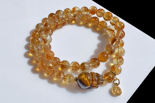 Natural Citrine Bracelet with Tiger’s Eye PiXiu Charm, Untreated Citrine Beads, 天然黄水晶双圈手串配虎眼貔貅