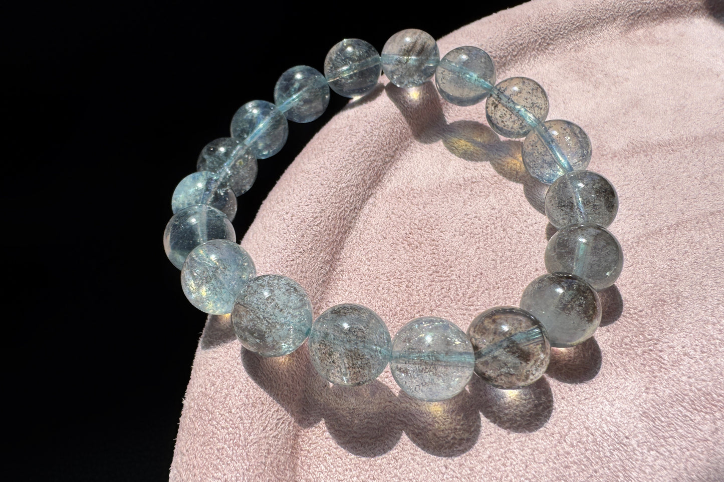 11mm Natural Aquamarine with Black Mica Inclusions Beaded Bracelet, Shiny Aquamarine Bracelet, March Birthstone, 海蓝宝带黑云母共生手串