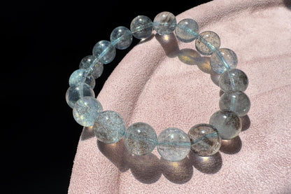 11mm Natural Aquamarine with Black Mica Inclusions Beaded Bracelet, Shiny Aquamarine Bracelet, March Birthstone, 海蓝宝带黑云母共生手串
