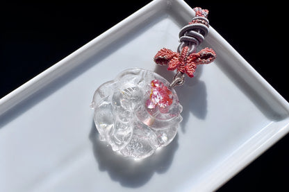 Natural Red Hematoid Quartz Hand Carved Nine Tailed Fox Pendant Necklace, Fire Quartz Pendant, 天然红胶花九尾狐牌