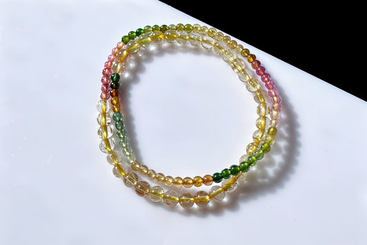 Natural Golden Rutile Quartz Beaded Bracelet with Rainbow Tourmaline, Tourmaline and Gold Rutilated Quartz Bracelet, 天然金发晶配天然碧玺双圈手串