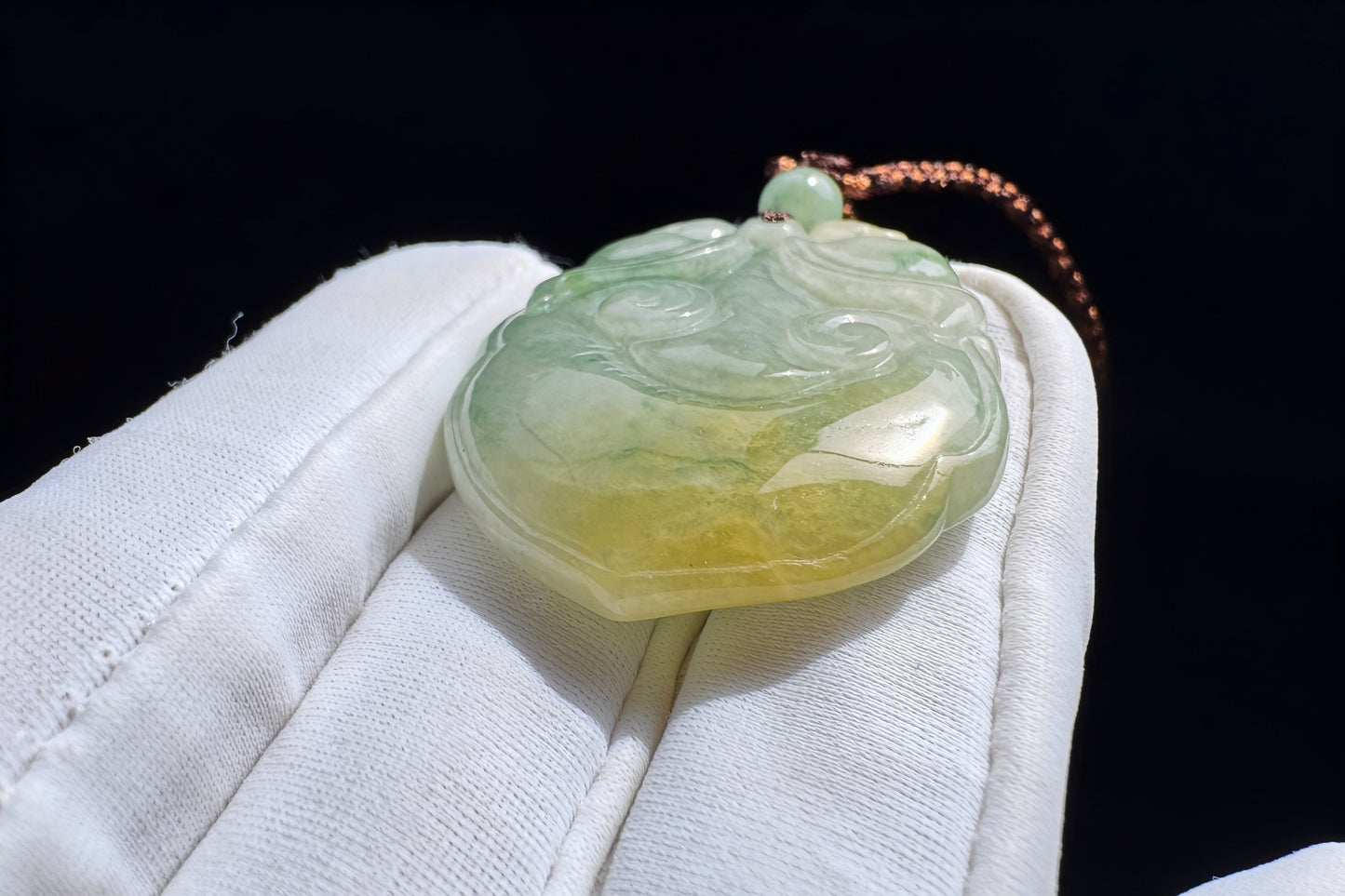 Certified Grade A Jadeite Jade Hand Carved Ruyi Pendant, Natural Carved Jade Pendant Necklace, 天然缅甸A货老坑冰润飘花黄绿双彩如意翡翠吊坠