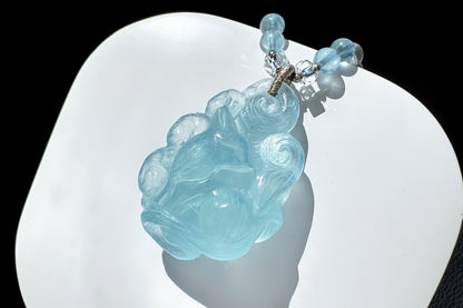 Natural High Grade Icy Aquamarine Nine Tailed Fox Pendant, Hand Carved Aquamarine, March Birthstone Fox Pendant, 天然精品海蓝宝手工精雕九尾狐吊坠