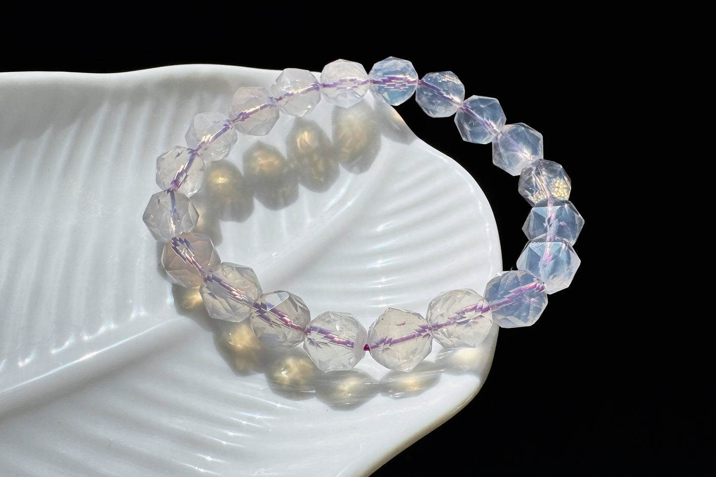 Natural Milky Lavender Moon Quartz Beaded Bracelet, Faceted Lavender Moon Quartz, 天然奶油体钻切切面紫玉晶手串