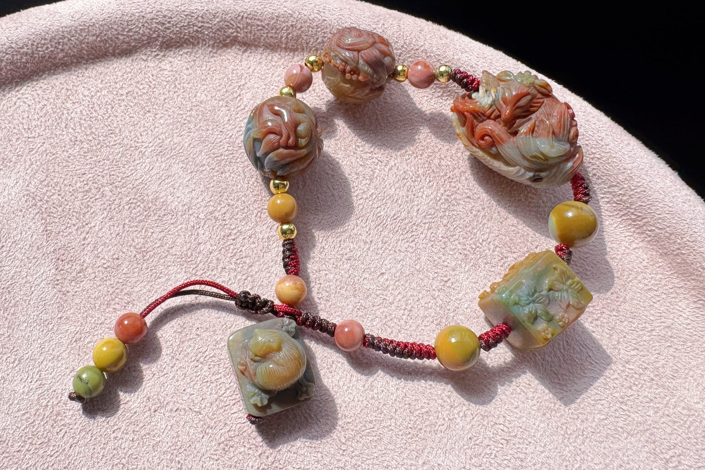 Natural Multi-color Old Mine Alashan Agate Hand Carved Charms Braided Bracelet, Alasha Bracelet, Carved Agate, 天然原矿老料阿拉善手工精雕狐狸手编手链
